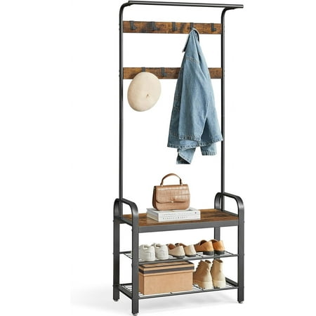 VASAGLE 4-in-1 Hall Tree with Shoe Bench for Entryway Bench with 9 Removable Hooks 13.3 x 28.3 x 72.1 Inches Coat Rack Rustic Brown and Black