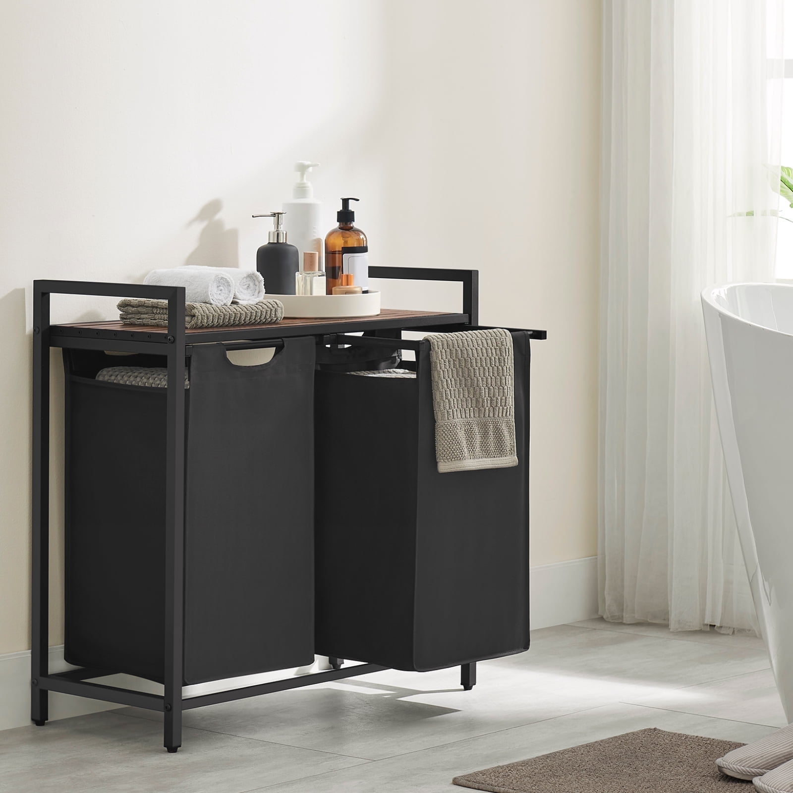 Rustic Brown and Black Laundry Sorter with Shelf and Pull-Out Bags