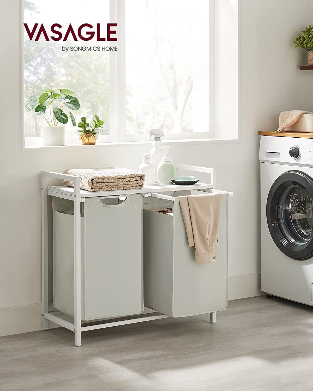 White Rectangular Laundry Hamper with 2 Pull-Out Bags and Shelf