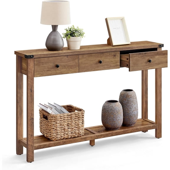 VASAGLE 47.2" Narrow Console Table with 3 Drawers and Open Storage Shelf | Long Sofa Table, 47.2 x 9.4 x 29.9 inchs, Entryway Furniture for Living Room, Honey Brown, LIRY Collection ULNT142KB02S