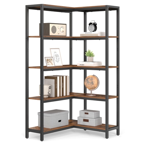 VASAGLE 5 Tier Bookshelf with Metal Frame, Convertible Industrial Corner Shelf, 9.4 x 40.2 x 55.9 Inches, for Living Room, Bedroom, Home Office, Rustic Brown and Ink Black