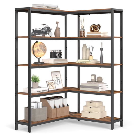 VASAGLE 5 Tier Bookshelf with Metal Frame, Convertible Industrial Corner Shelf, 9.4 x 52.8 x 55.9 Inches, for Living Room, Bedroom, Home Office, Rustic Brown and Ink Black