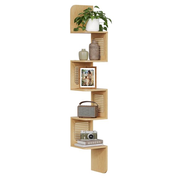 VASAGLE 5-Tier Corner Shelf, Wall Mounted Floating Shelf, Zigzag Corner Shelf Unit, PVC Rattan Sides, Space-Saving, Boho Style, Oak Beige