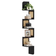 VASAGLE 5-Tier Corner Shelf, Wall Mounted Floating Shelf, Zigzag Corner Shelf Unit, PVC Rattan Sides, Space-Saving, for Kitchen, Living Room, Bedroom, Boho Style, Ash Black