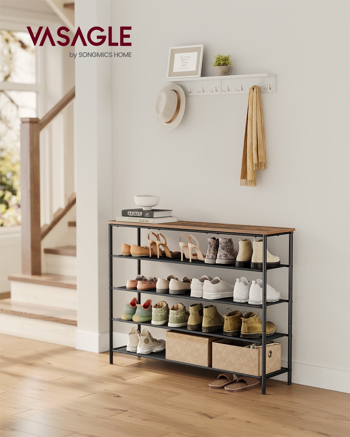 VASAGLE 5-Tier Shoe Rack with Fabric Shelves, Industrial Shoe Organizer for Entryway, Closet or Bedroom, Holds 20-24 Pairs, Adjustable Feet, Rustic Brown and Black
