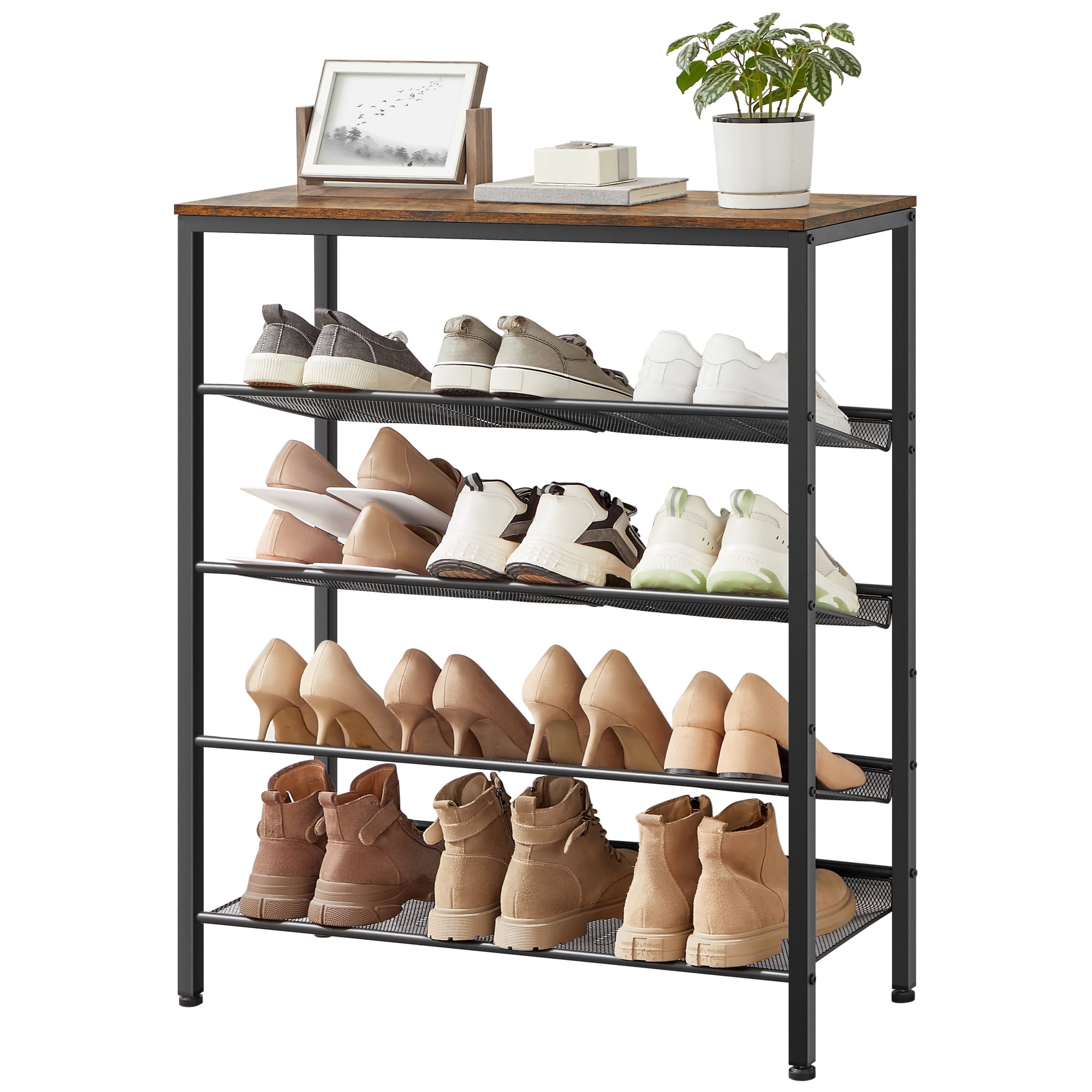 VASAGLE 5-Tier Rustic Brown and Black Shoe Rack with Fabric Shelves