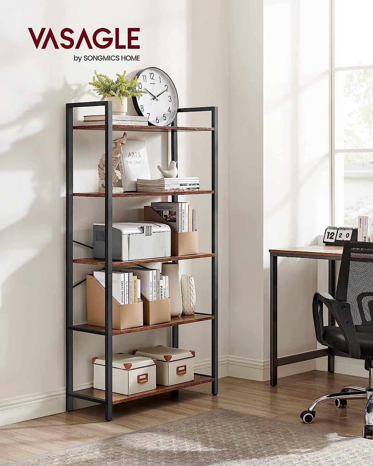 VASAGLE 5-Tier Black and Rustic Brown Industrial Bookshelf