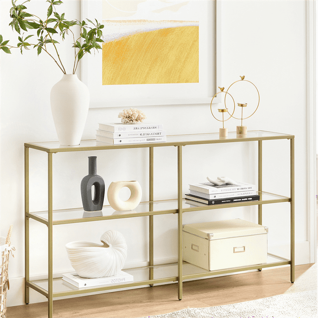 VASAGLE 51.2" Console Sofa Entry Table with 3 Shelves Metal Frame Tempered Glass Shelf Modern Style for Entryway Living Room Bedroom Gold Color