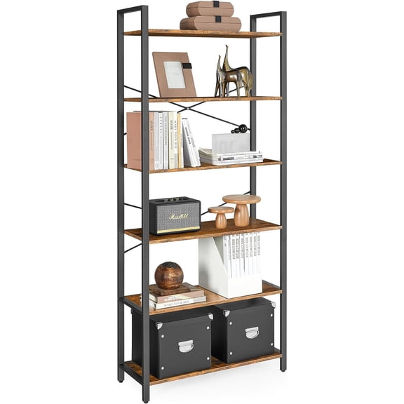 VASAGLE 6-Tier Tall Bookshelf, Rustic Brown and Black, Industrial Style, 11.8 x 31.5 x 73.2 Inches