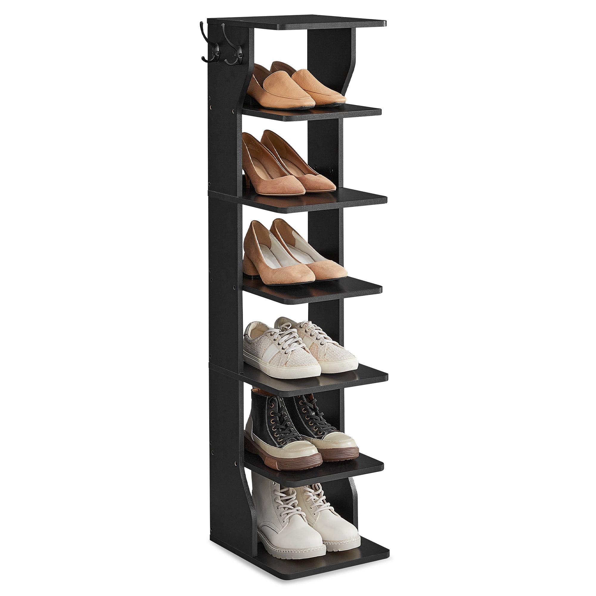 VASAGLE 7 Tier Shoe Rack, Narrow Shoe Storage Organizer with Hooks, Slim Wooden Corner Shoe Tower Rack, Robust and Durable, Space Saving, Black