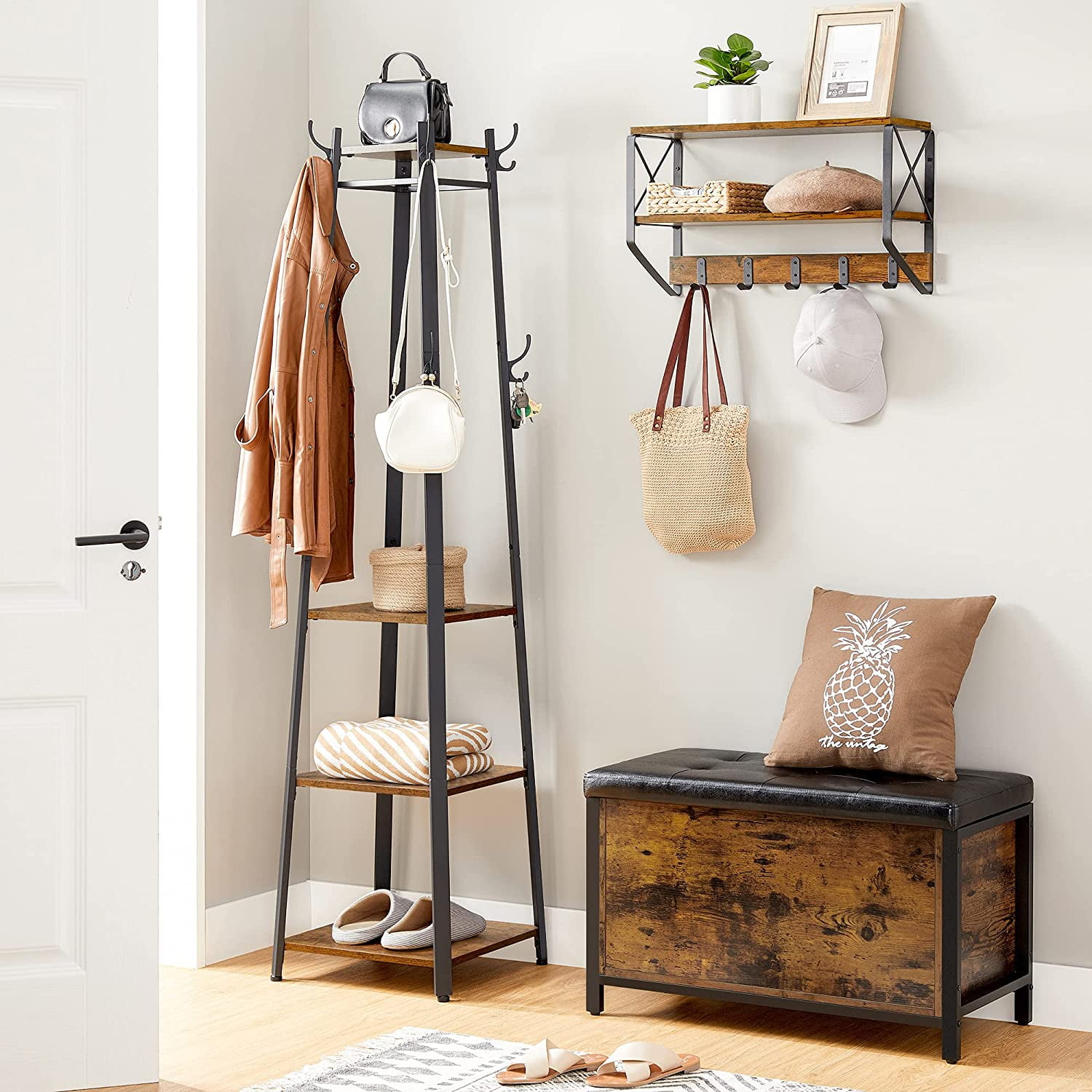 VASAGLE ALINRU Coat Rack with 3 Shelves Stand with Hooks for Scarves Bags  and Umbrellas Greige and Black