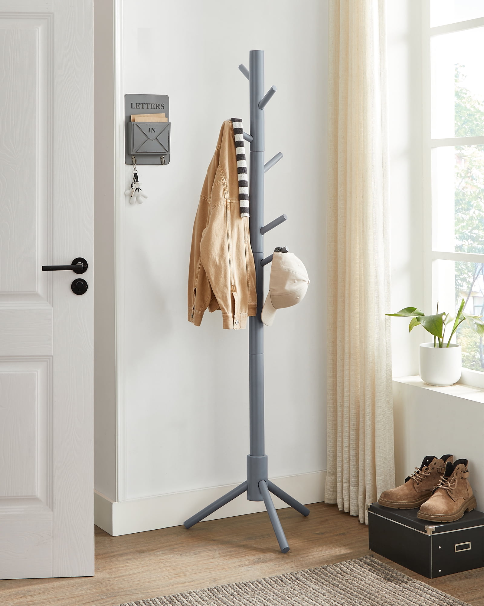 VASAGLE 8 Hooks Solid Wood Coat Rack Free Standing Coat Rack Tree-Shaped Coat  Rack with for Clothes Hats Bags for Living Room Bedroom Grey 