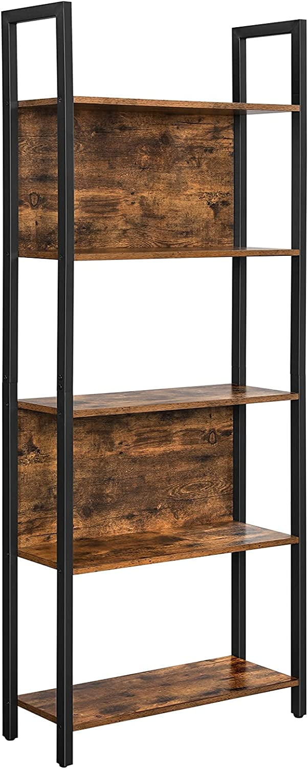 Adjustable Brown 5-Tier Industrial Bookshelf with Black Finish