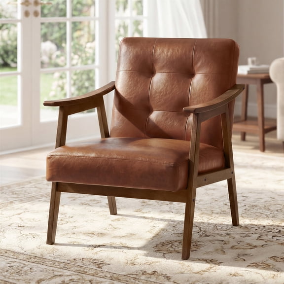 VASAGLE Accent Chair, PU Leather Armchair, Button Tufted Chair, Thick Cushion, Lounge Seating for Bedroom, Reading Nook, Home Office, Brown