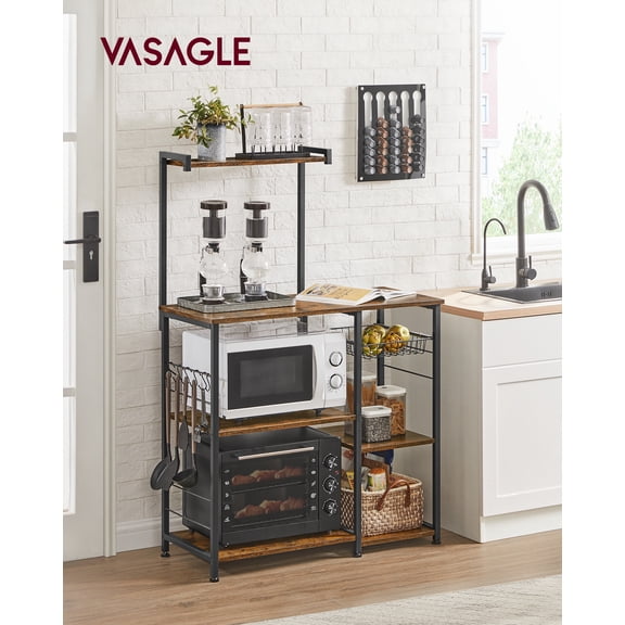 VASAGLE Baker's Rack, Microwave Stand, Kitchen Storage Rack with Wire Basket, 6 Hooks, and Shelves, for Spices, Pots, and Pans, Rustic Brown and Ink Black
