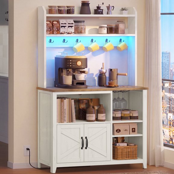 VASAGLE Baker's Rack with LED Lights and Outlet, Coffee Bar Cabinet with 6 Hooks, 35.4 x 14.2 x 68.9 Inches, Cloud White and Brown Liry Collection