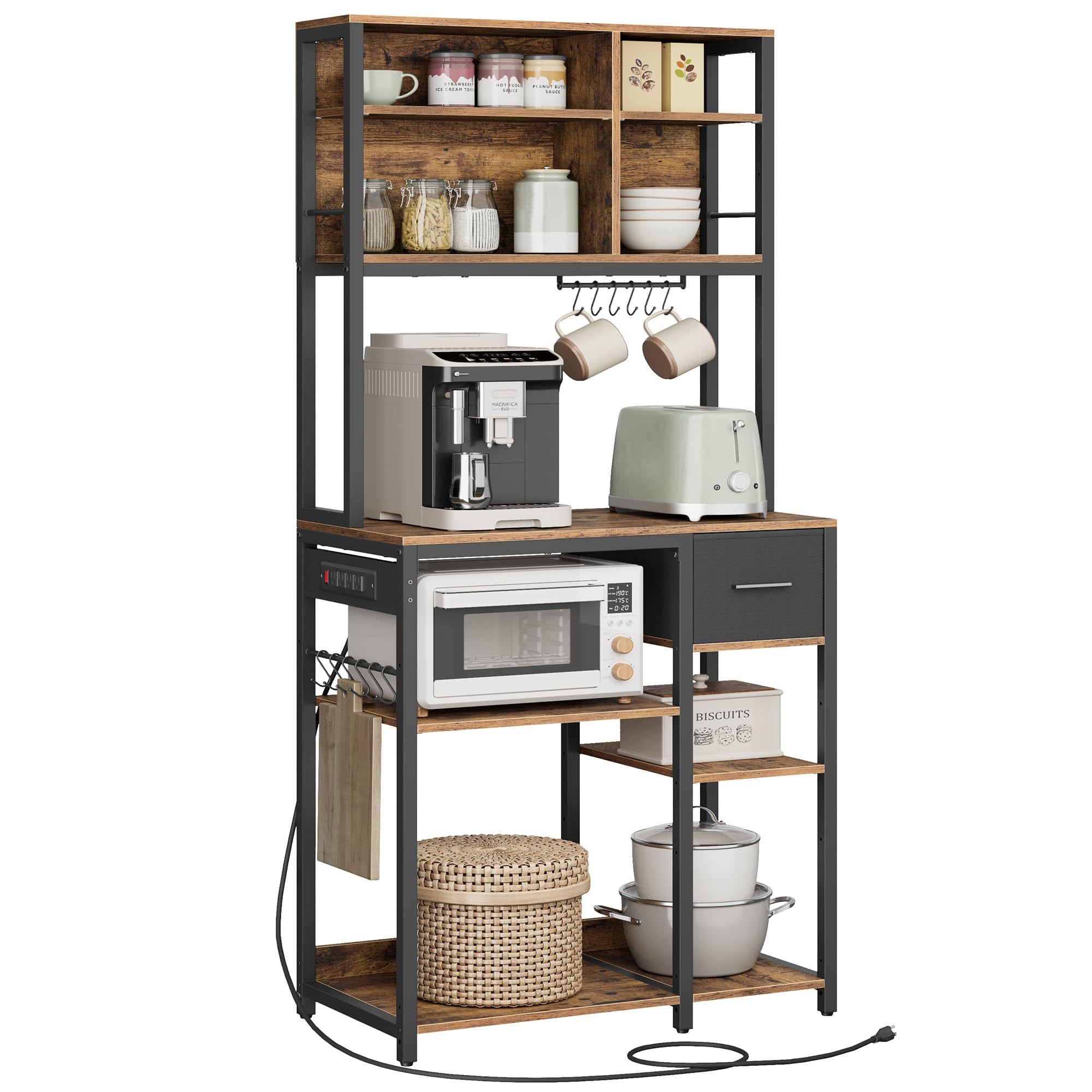 Rustic Brown and Black Adjustable Particle Board Bakers Rack with Charging Station