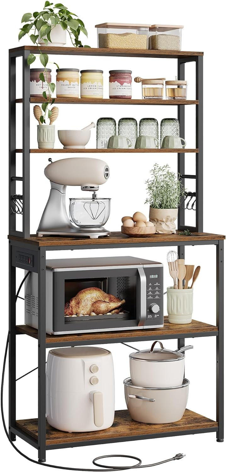 Brown Adjustable 6-Tier Steel Kitchen Baker's Rack with Power Outlet