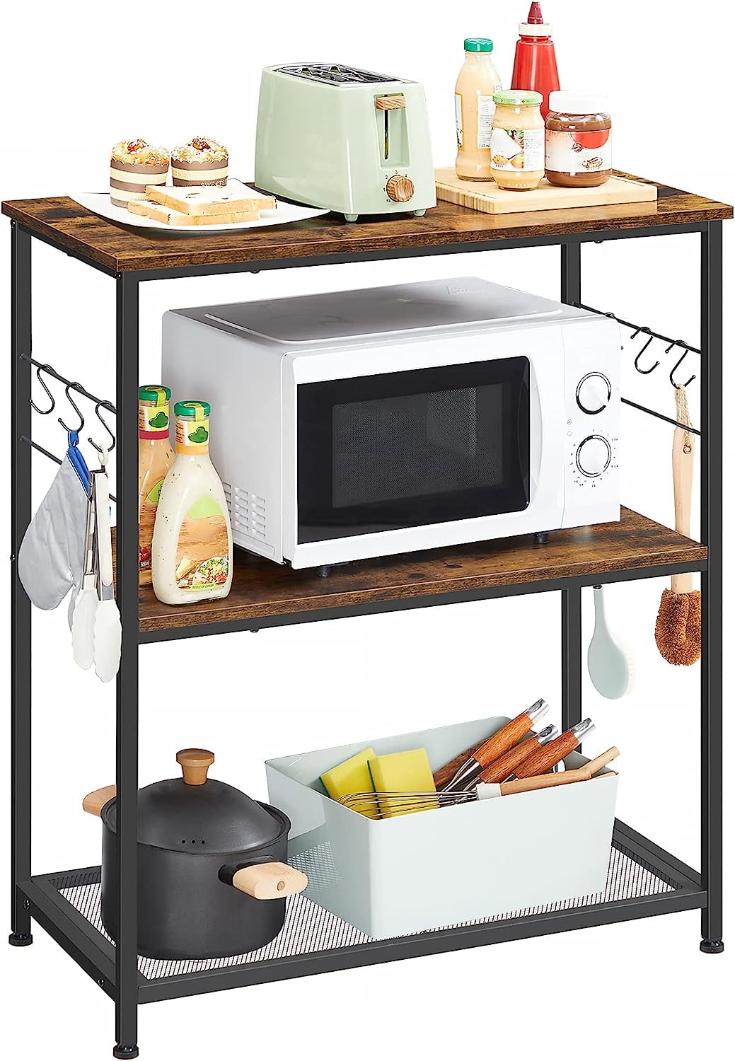 Rustic Brown and Black Kitchen Island with Metal Frame and Shelves