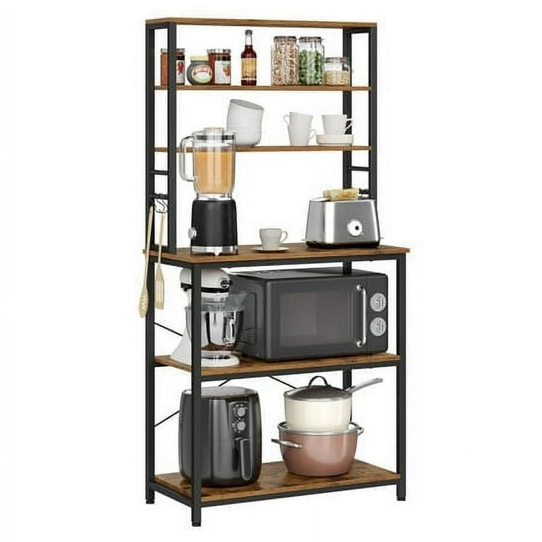 VASAGLE Bakers Rack for Kitchen 6 Tier Kitchen Shelves with 6 Hooks Microwave Stand Industrial Rustic Brown and Black