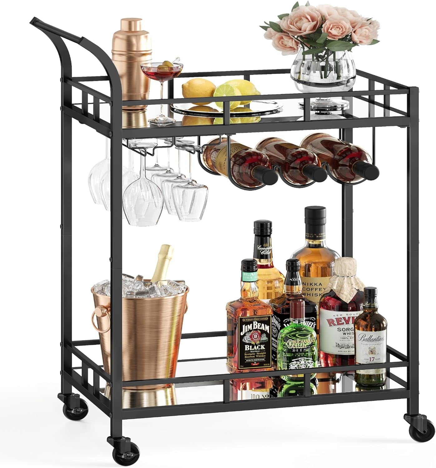 Black Steel Bar Cart with Mirrored Shelves and Wine Holders