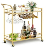VASAGLE Bar Cart, Home Bar Serving Wine Cart with 2 Mirrored Shelves, Wine Glass Holders, Gold