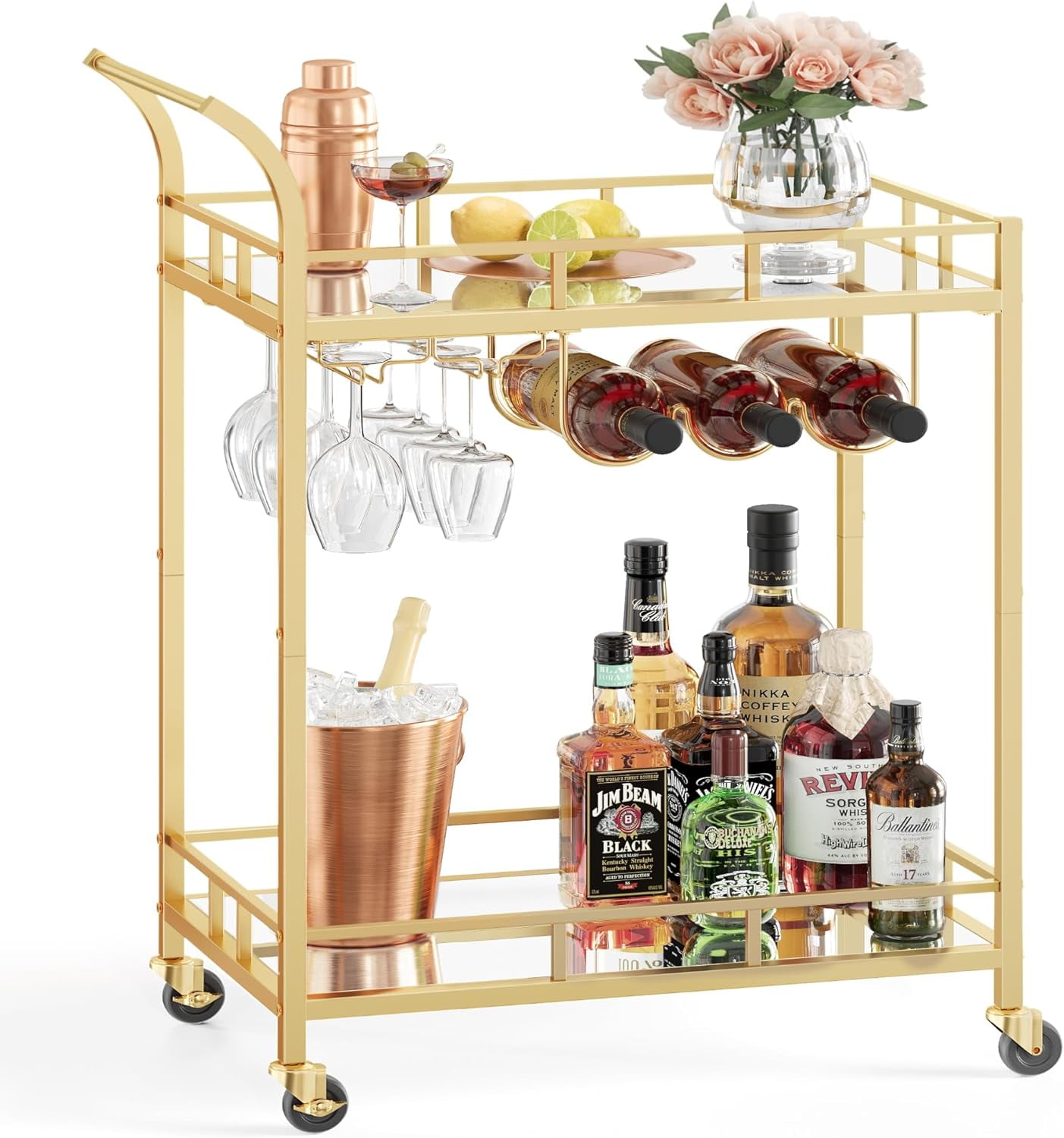 VASAGLE Bar Cart Gold Home Bar Serving Cart Wine Cart, 15"d x 26"w x 35.4"h, Gold