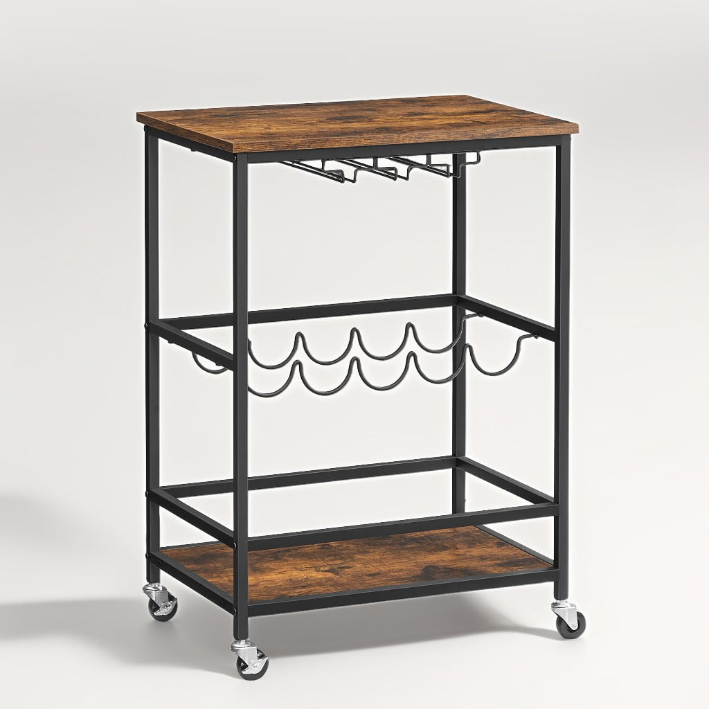 Modern Rustic Brown and Black Bar Cart with Wine Rack