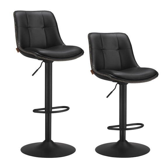 VASAGLE Bar Stools, Set of 2 Swivel Bar Chairs, Adjustable Height, Quilt, Synthetic Leather Kitchen Stools with Back and Footrest, Steel, Ink Black
