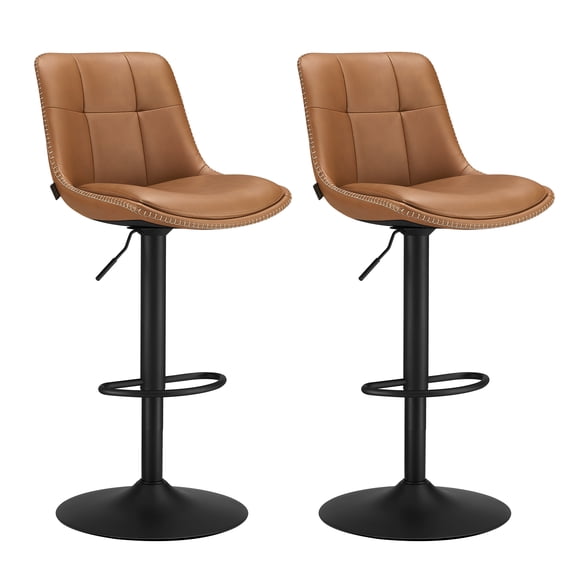 VASAGLE Bar Stools, Set of 2 Swivel Bar Chairs, Adjustable Height, Synthetic Leather Kitchen Stools with Back and Footrest, Caramel Brown