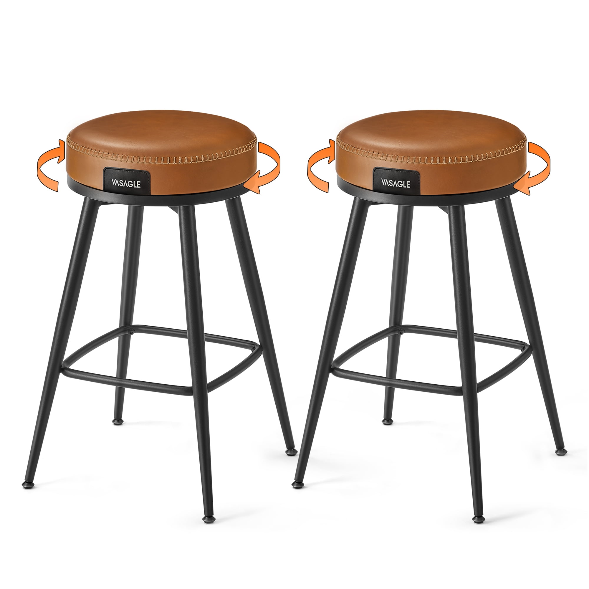 Caramel Brown Swivel Backless Leather Bar Stools, Set of 2