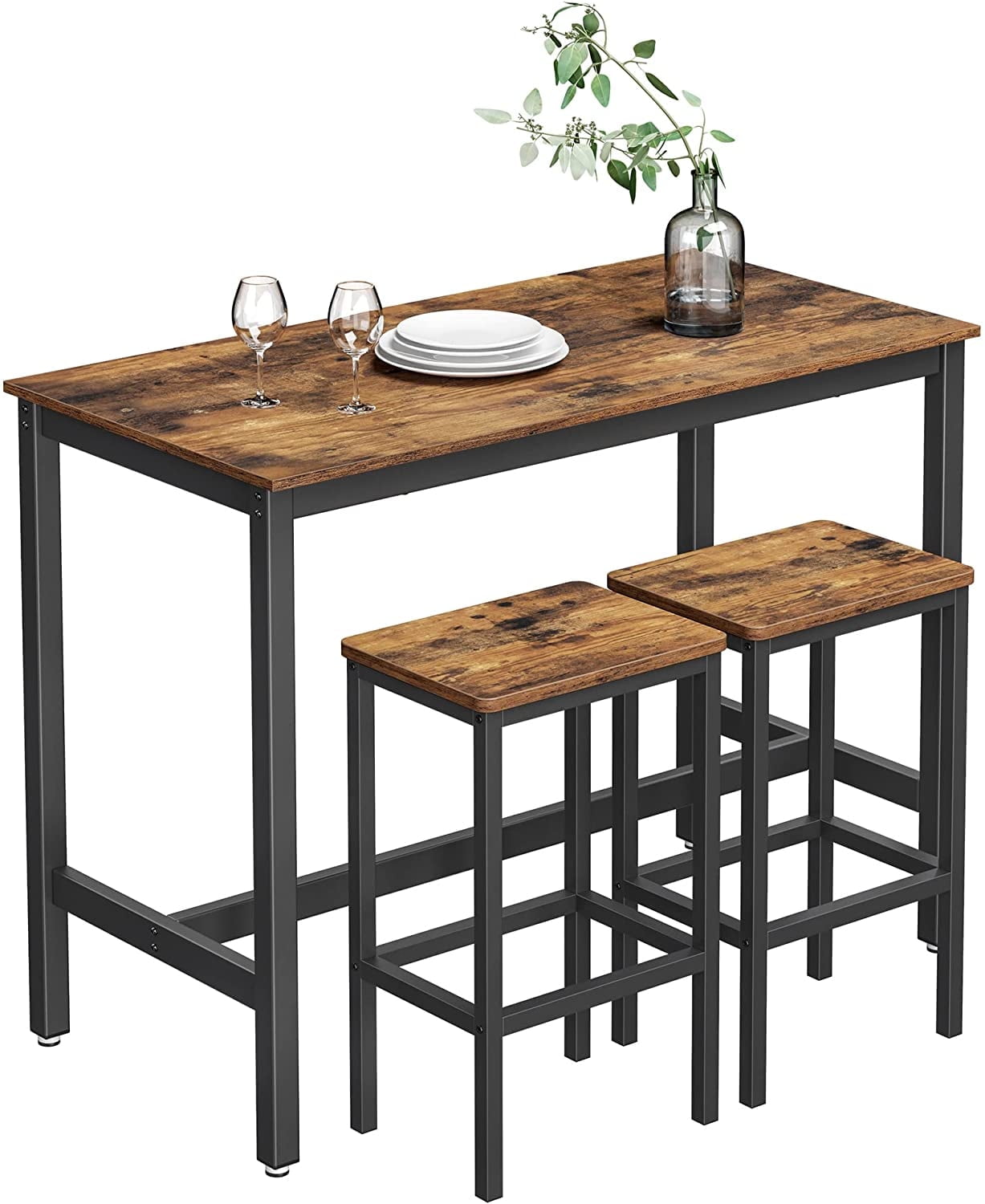 VASAGLE Dining Table Set Bar Table and Chairs Set Kitchen Bar Height Table  with Stools Set of 2 Rustic Brown and Black 