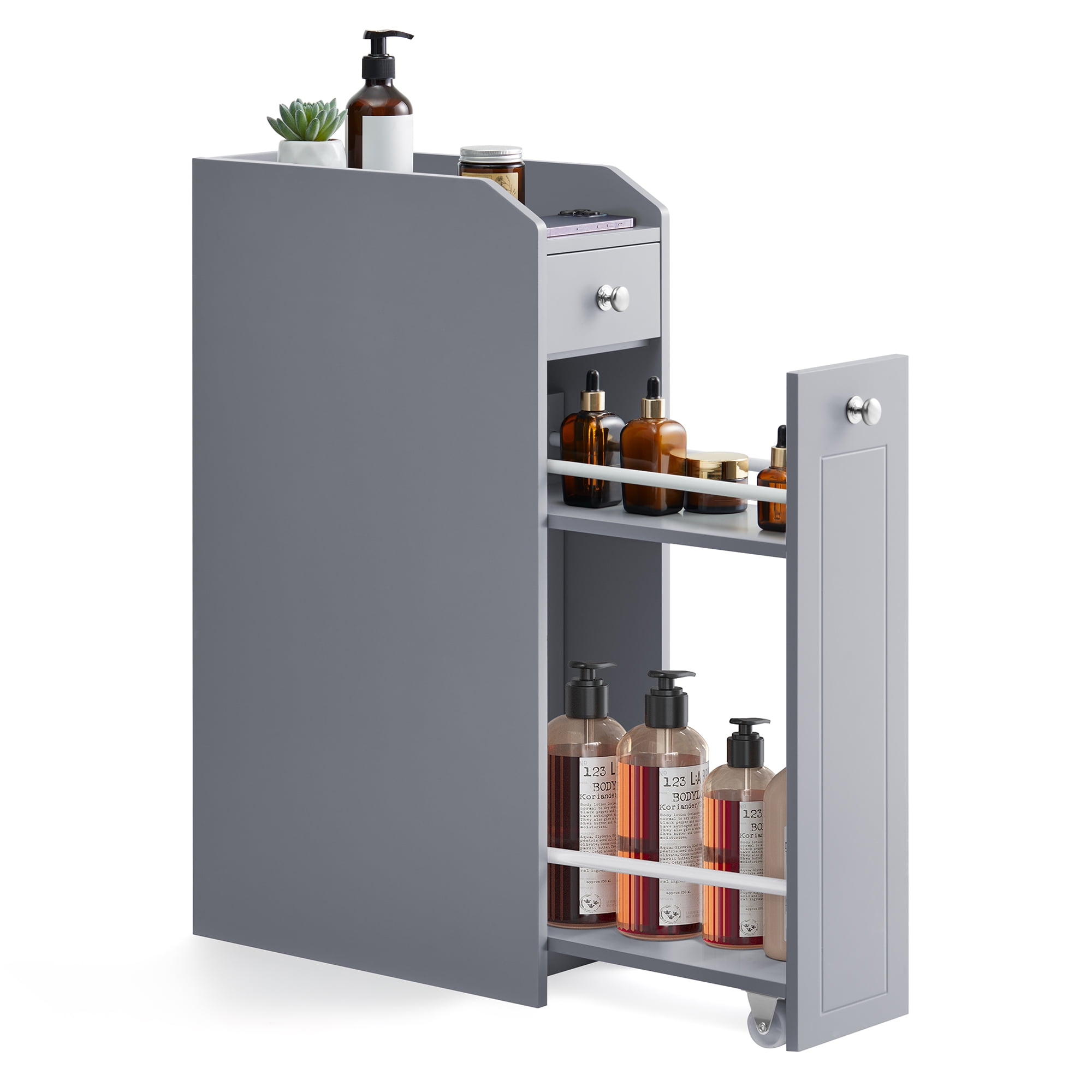 Dove Gray Slim Bathroom Storage Cabinet with Slide Out Drawers