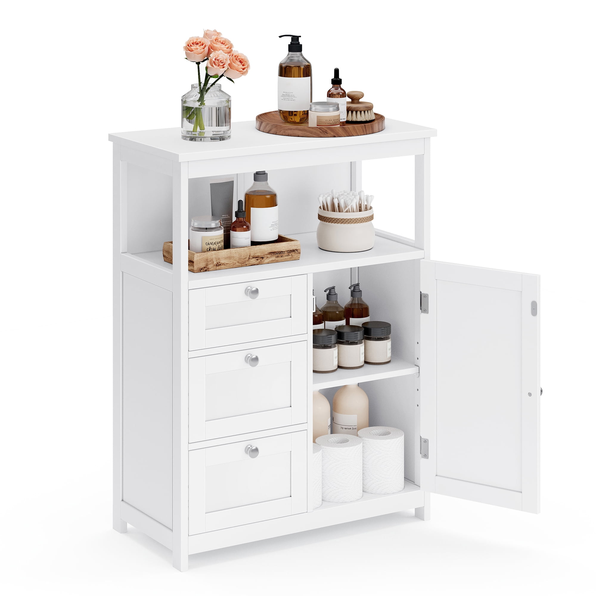 White MDF Bathroom Storage Cabinet with Adjustable Shelf and Drawers