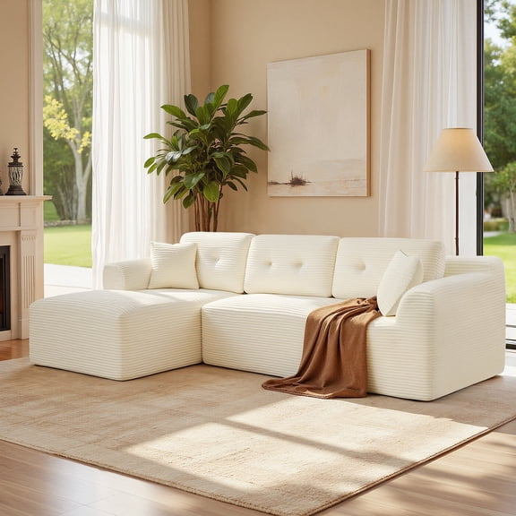 VASAGLE Boneless Couch, Modern Cloud Couch with Deep Seat, Corduroy Sofa, Modular Sectional Sofa with Left-Facing Chaise, Cloud White