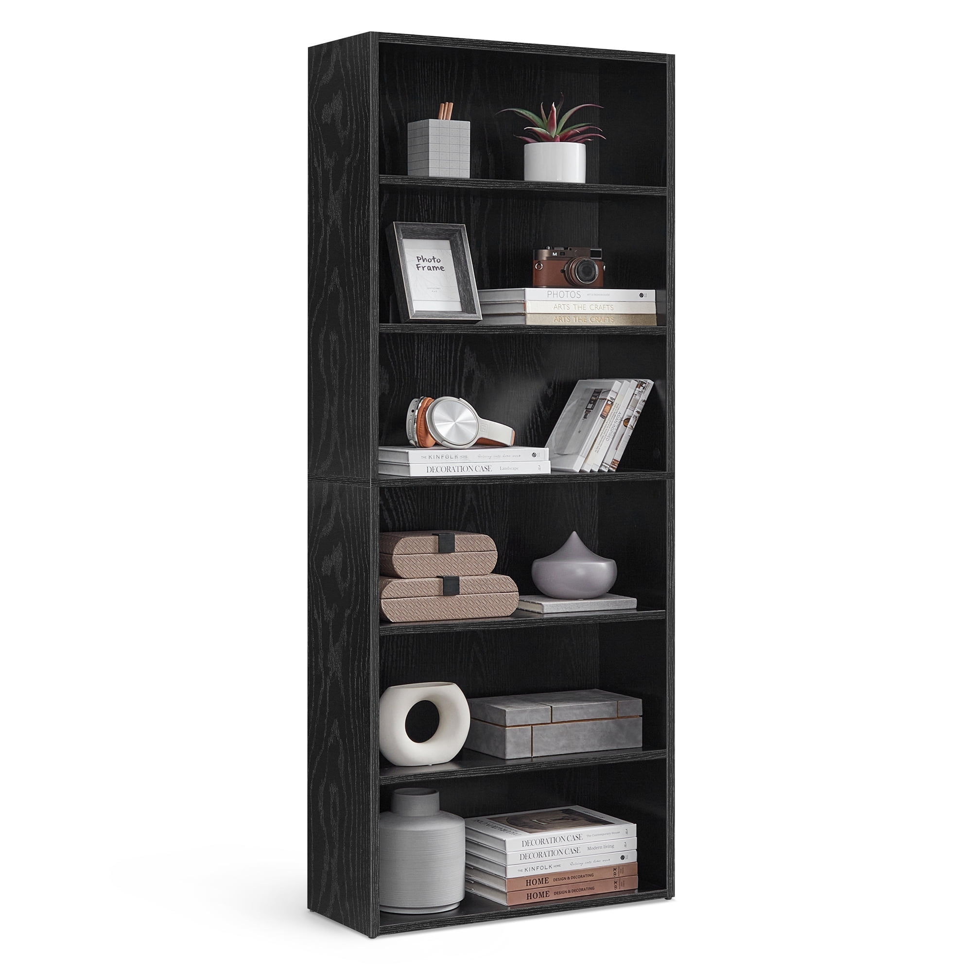 Black 6-Tier Adjustable Vertical Open Back Bookcase