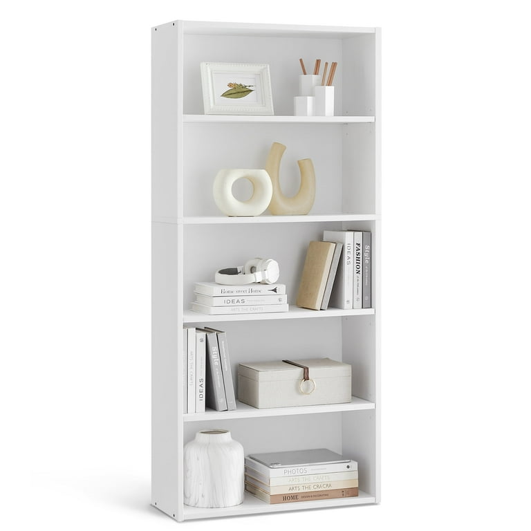 Bookshelf 5 Tier Open Bookcase with Adjustable Storage Shelves Floor Standing Unit White