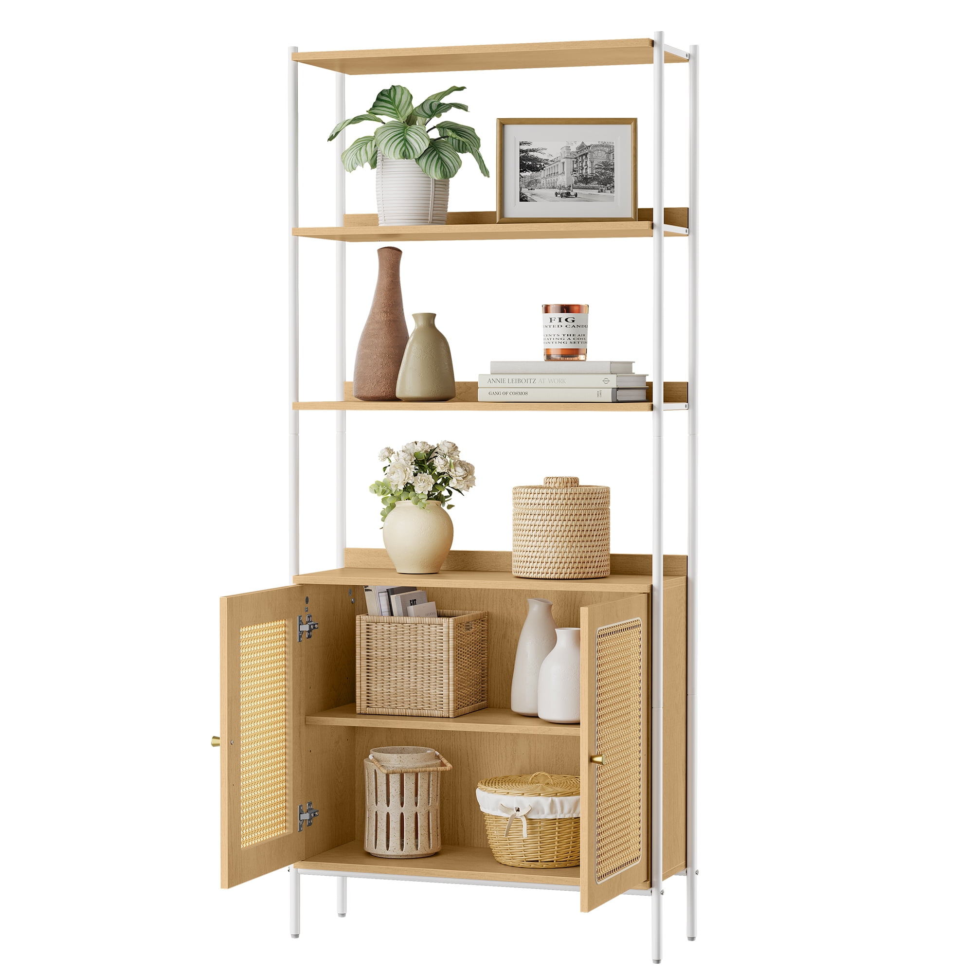 Natural Rattan-Like Modular Bookcase with Adjustable Shelves