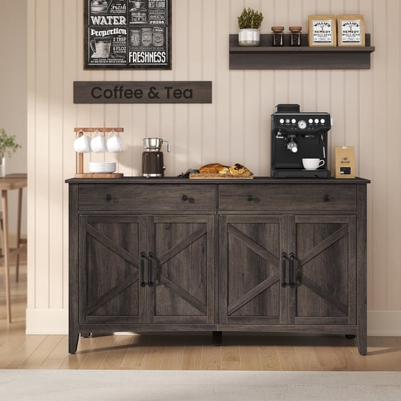 VASAGLE Buffet Cabinet, Coffee Bar Cabinet with 2 Drawers, Adjustable Shelves, Sideboard Storage with Cable Holes, Drawer Dividers, Taupe Brown
