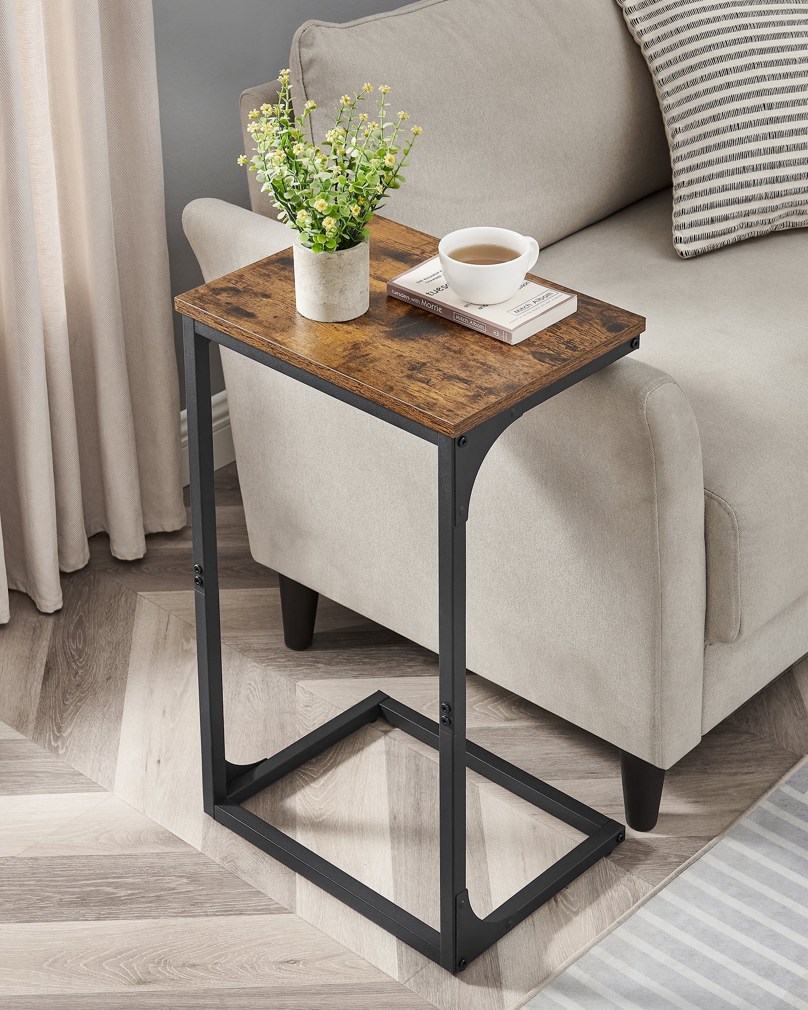 C-Shaped End Table Sofa Side Table Couch Table with Metal Frame for Living Room Bedroom ...