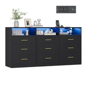 VASAGLE Dresser for Bedroom, with LED Lights and Power Strip, 9 Drawers, Ink Black
