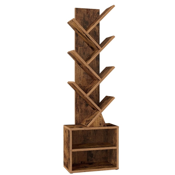 VASAGLE CUSTOS Collection - Tree Bookshelf, Modern Bookcase, Floor Standing Book Shelf, 2 Open Compartments, 8 x 15 x 48.5 Inches, Rustic Brown