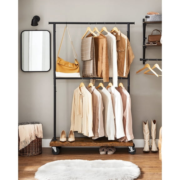 VASAGLE Clothes Rack, Clothing Rack with Wheels, 43.3-66.9 Inch Extendable Bar, Height-adjustable Garment Rack, 332 lb Load, 2 Brakes, Heavy-Duty, Industrial, Rustic Brown and Black