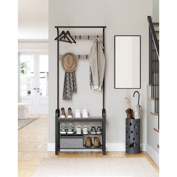 VASAGLE Coat Rack Hall Tree with Shoe Bench for Entryway Entryway Bench with Coat Rack Greige and Black