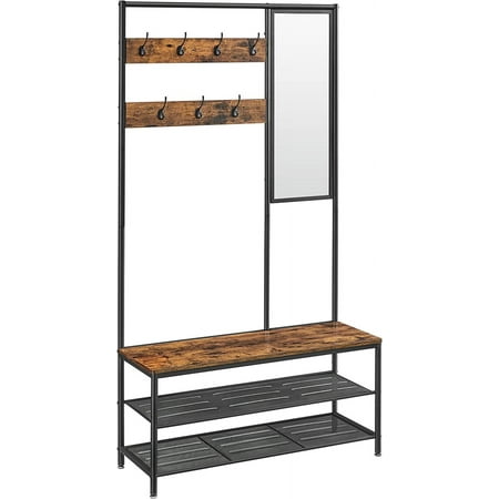 VASAGLE Coat Rack Shoe Bench with Mirror Hall Tree with Bench and Shoe Storage Shelves 13.8 x 38.6 x 70.9 in Bedroom Living Room Industrial Style Rustic Brown and Black