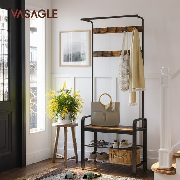 VASAGLE Coat Rack with Shoe Bench 4-in 1 Hall Tree for Entryway Entryway Bench with Coat Rack Rustic Brown and Black 13.3 x 28.3 x 72.1 Inches