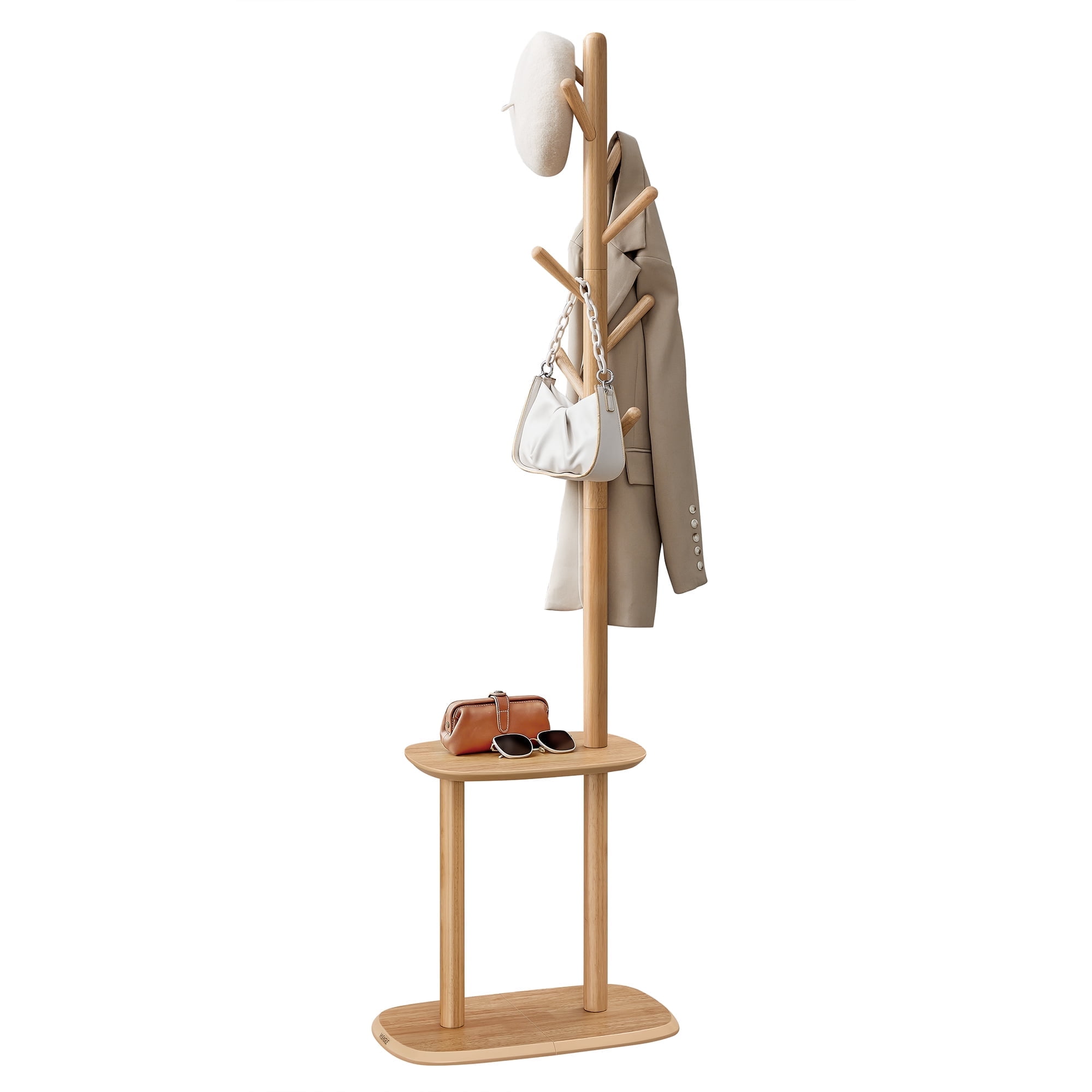 Natural Beige Freestanding Coat Rack with 8 Hooks and Shelf