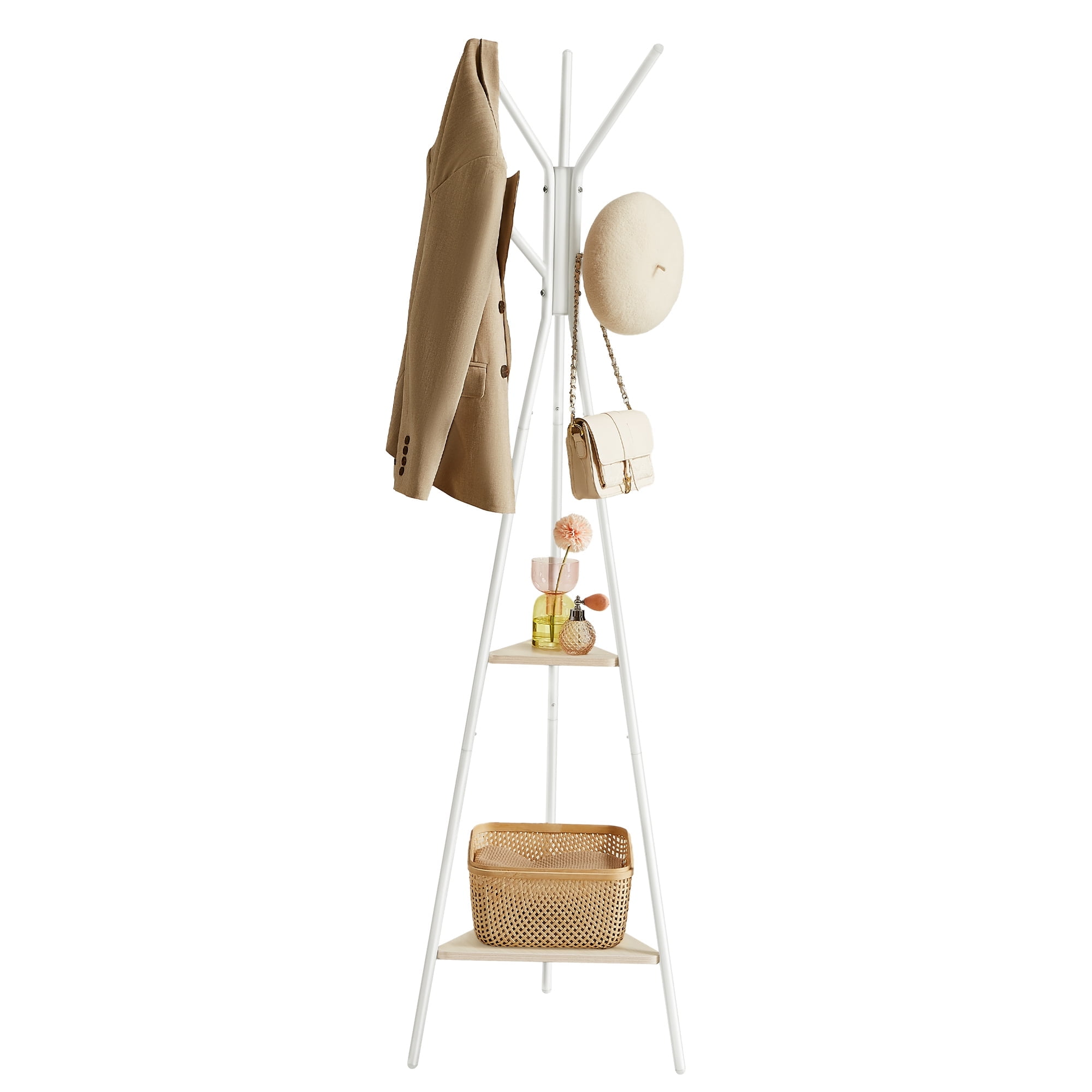 White and Light Brown Freestanding Coat Rack with Shelves