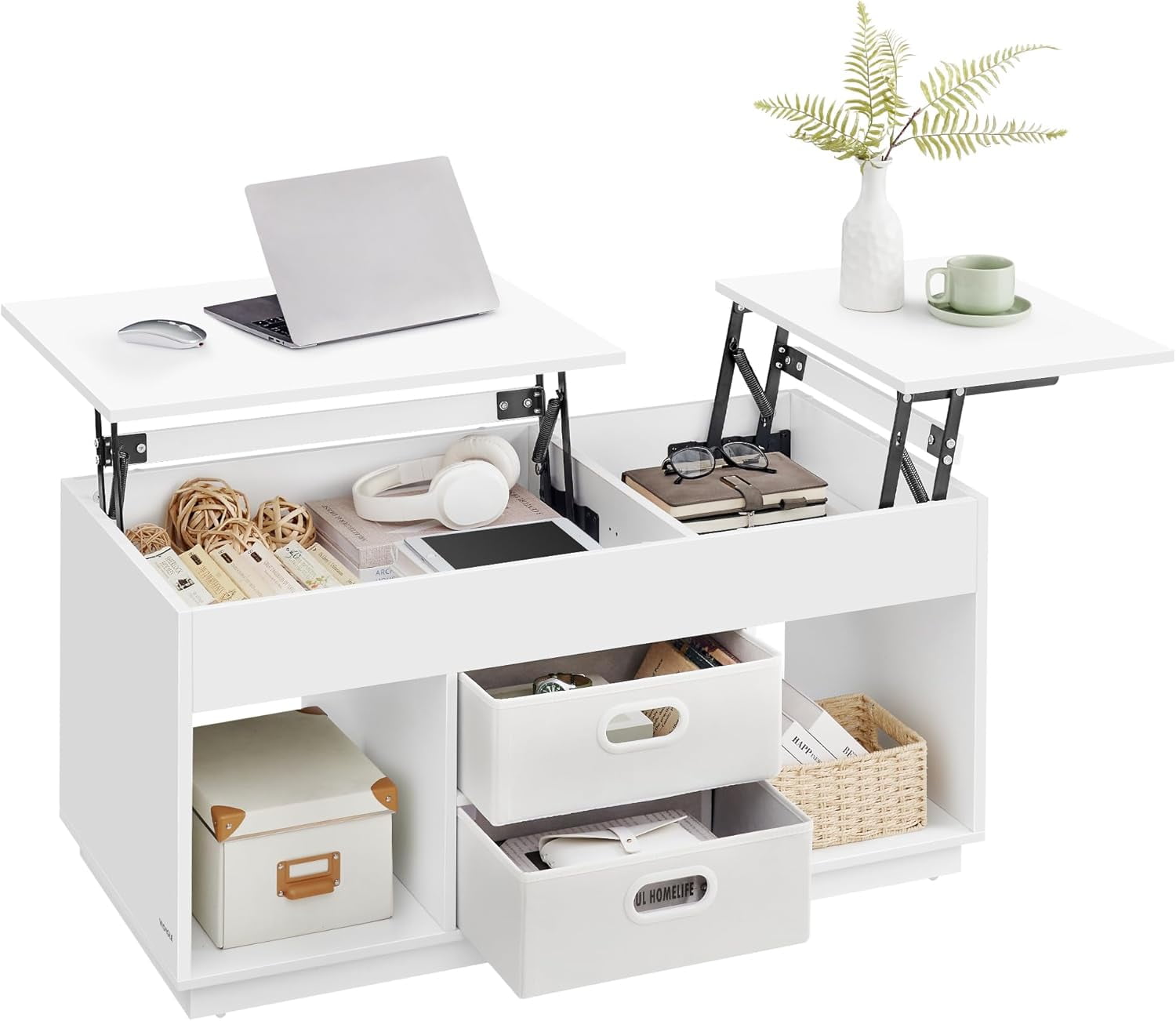 White Lift-Top Coffee Table with Storage and Drawers