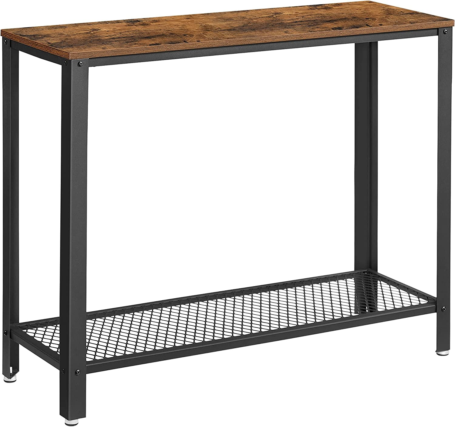 Rustic Brown and Black Industrial Console Table with Mesh Shelf